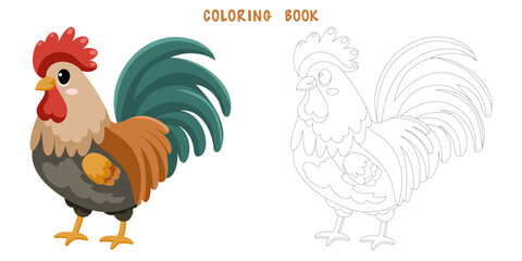 Coloring page of cute funny rooster, happy little chicken. Coloring book of cute farm animal isolated on white background. Flat vector illustration.