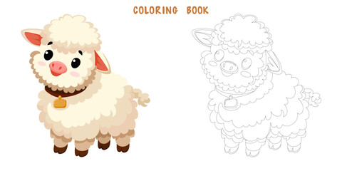 Coloring page of cute funny sheep, happy little yeanling. Coloring book of cute farm animal isolated on white background. Flat vector illustration.