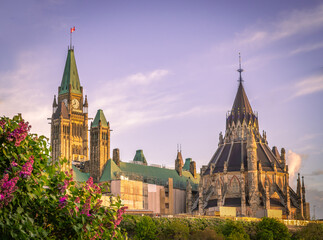 Parliament of Canada and Library of Parliament on hill, during spring with lilac flowers, Ottawa,...