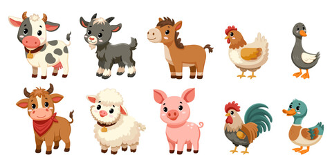 Set of cute funny farm animals isolated on white background. Collection of happy little animals. Flat vector illustration. Goat, bull, cow, duck, goose, hen, horse, pig, rooster, sheep.  