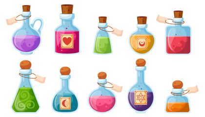 Set of illustrations of flasks with potions. Collection of game potions. Magic phials 2D game UI icons asset, magic bottles for witchcraft, elixir, love potion poison and antidote. © Yuliia Sydorova