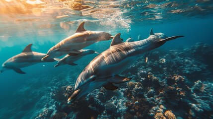 Obraz premium Dolphins swimming in clear blue ocean waters. Aquatic Sealife. Ocean. Endangered. Intelligent species. 