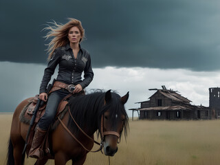Beautiful country sheriff woman riding horse at sunset - cowgirl. Generative AI