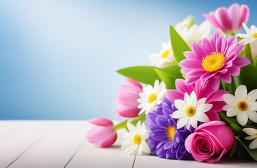 Bouquet of white, pink, blue spring flowers on a blue background. Spring, women's day concept