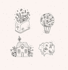 Hand drawn hot air balloon, toaster, village house, sheep icons drawing in floral style on light background