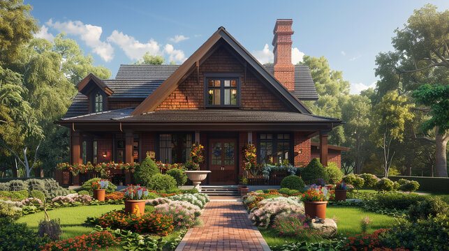 The character of a craftsman house with a brick chimney, its exterior adorned with carefully placed flower pots, adding a touch of charm to suburban living.