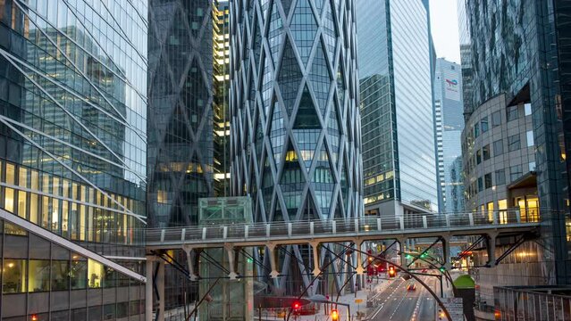 Paris, France. Skyscrapers of modern business and financial district Defense with road traffic. Panoramic motion timelapse