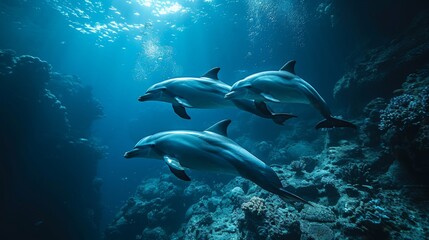 Fototapeta na wymiar Dolphins swimming in clear blue ocean waters. Aquatic Sealife. Ocean. Endangered. Intelligent species. 