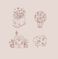 Hand drawn hot air balloon, toaster, village house, sheep icons drawing in floral style with brown on pink background