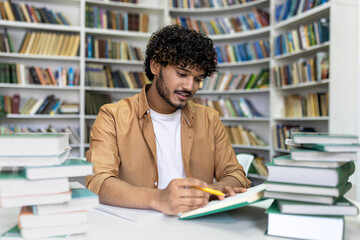 A dedicated student immersed in study amidst a pile of books in a library setting, indicative of...