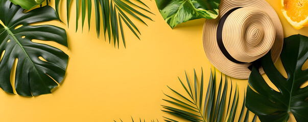 Top view flat lay of a summer background featuring starfish, oranges, beach hat, glasses, and palm leaves. A yellow summer composition with space for copy or text.