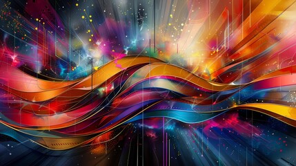 Vibrant Abstract Art with Wavy Lines and Cosmic Particles