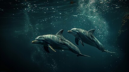 Fototapeta premium Dolphins swimming in clear blue ocean waters. Aquatic Sealife. Ocean. Endangered. Intelligent species. 