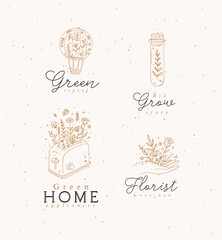 Hand drawn hot air balloon, test tube, hand, toaster labels drawing in floral style on beige background