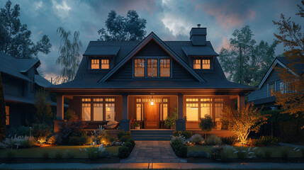 The charm of a suburban craftsman house at night, illuminated by soft outdoor lighting, showcasing the warmth and character of its well-designed exterior.