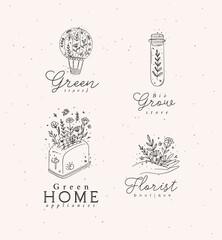 Hand drawn hot air balloon, test tube, hand, toaster labels drawing in floral style on light background