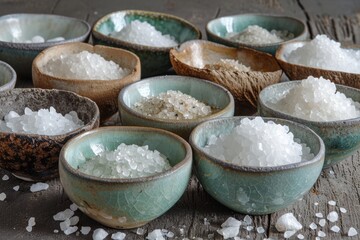 Fototapeta na wymiar Clay ceramic bowls with himalayan kitchen salt. Concept of care in spa salons or ritual traditions
