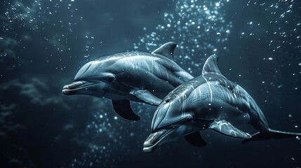 Dolphins swimming in clear blue ocean waters. Aquatic Sealife. Ocean. Endangered. Intelligent...