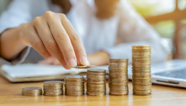 Close-up of business woman's hand inserting coins into pile of coins with investment and savings concept.