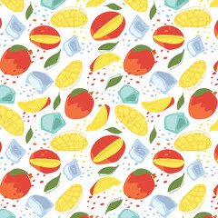 Abstract pattern with mango and ice cube pattern in flat style. Vector background. Fresh Seamless pattern. Summer time print. For vape, juice or ice cream background.