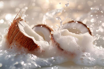 liquid soap from half a fresh coconut in water with cream and foam, cosmetics