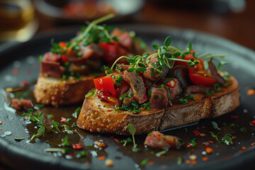 Savory Homemade Corned Beef Toast with cut tomatoes and microgreens