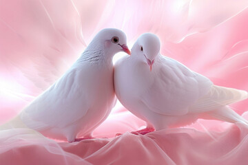 two loving doves look at each other, birds of peace, goodness and love, on a pink background, airy fabric texture, empty space for text, for a banner - obrazy, fototapety, plakaty