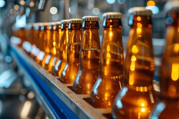 Production of brewing and bottling craft beer at a beer production plant. Conveyor with beer bottles. - obrazy, fototapety, plakaty