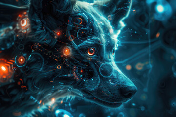 wolf with abstract projections, blue and orange light - obrazy, fototapety, plakaty