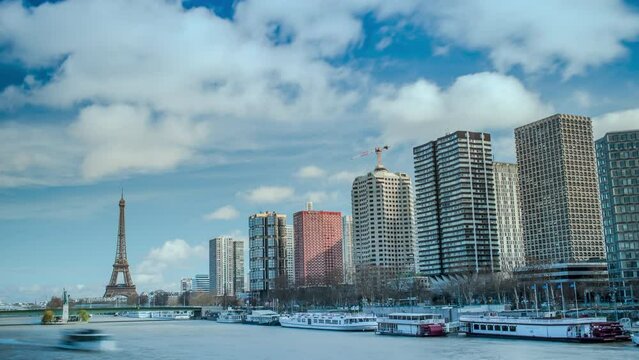 Paris , France, Eiffel tower and Seine river. Best Destinations in Europe. Day timelapse