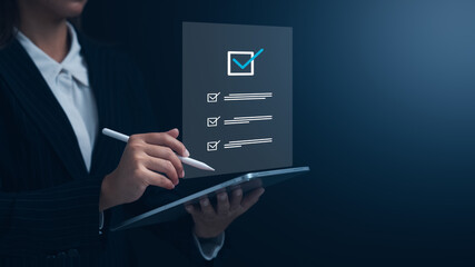 Business performance monitoring concept, businesswoman using laptop Online survey filling out, digital form checklist, blue background..