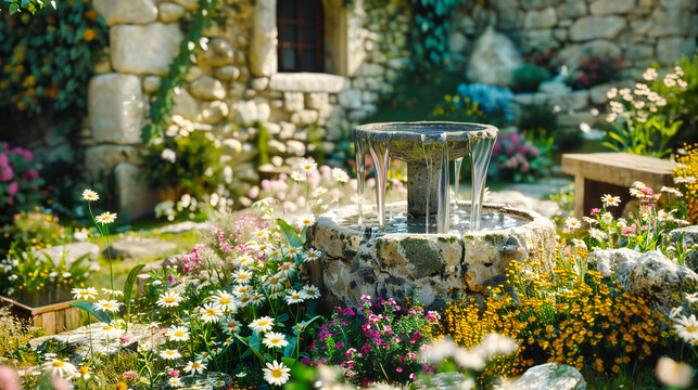 Vibrant Flower Beds and Water Features in a Serene Park, Colorful Summer Blooms and Ornamental Gardening