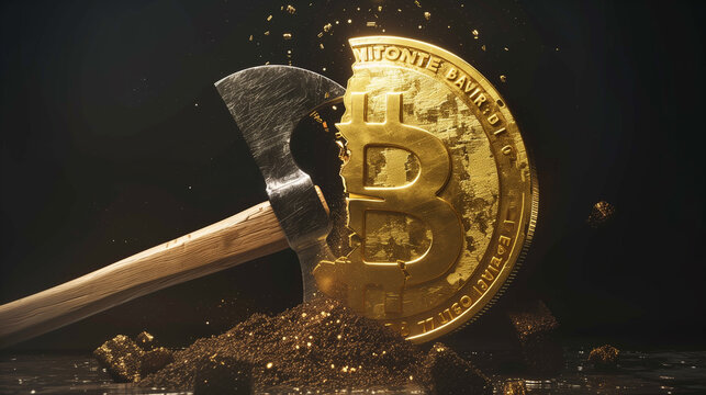 A gold Bitcoin is being split in half by a hammer on a stark black background. The image showcases the act of Bitcoin halving, happening approximately every four years