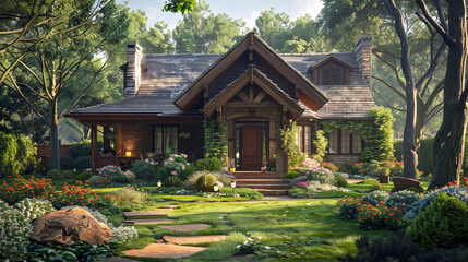 The exterior of a craftsman cottage with a well-tended garden, its design capturing the essence of suburban living with a touch of timeless elegance.
