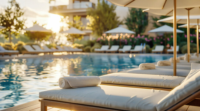 Tranquil Resort Poolside, Ultimate Summer Vacation Spot, Luxurious Lounging Under Sunny Skies