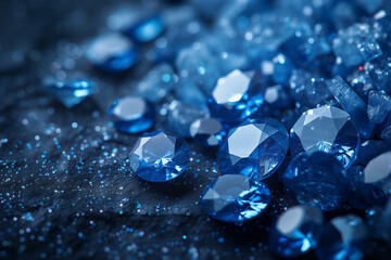 A scattering of cut sapphire. Horizontal background with blue stones.