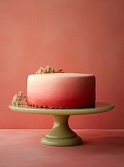 a cake on top of a pink and white ombre cake plate