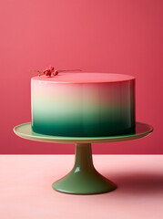 a cake on top of a pink and white ombre cake plate