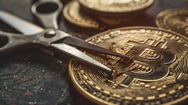 Bitcoin halving: This image depicts a Bitcoin coin being cut with a pair of scissors. The sharp blades are dividing the digital currency symbol, creating two separate pieces.