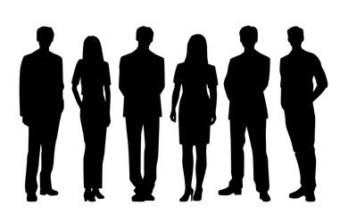 Vector silhouettes of  men and a women, a group of standing   business people, profile, black  color isolated on white background