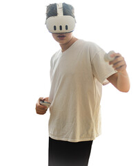 Chłopak w białej koszulce, nastolatek, grający na sprzęcie VR. Przezroczyste tło.