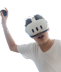 Biały chłopak, nastolatek grający na sprzęcie VR, gogle VR i pady. Przezroczyste tło. - obrazy, fototapety, plakaty