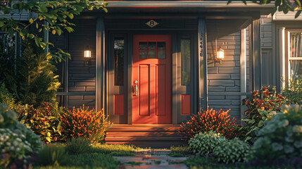 The exterior of a craftsman home with a vibrant red front door, its design highlighted by the morning sunlight, creating a striking contrast in a suburban setting.
