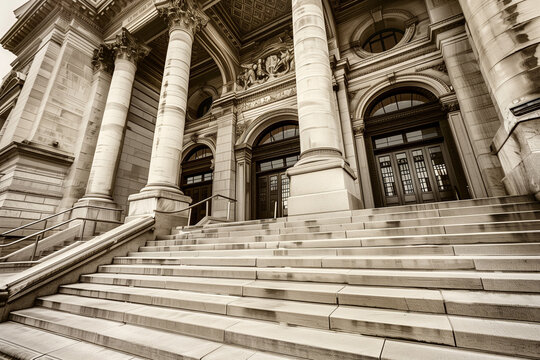 The sepia-toned image captures the imposing entrance of a neoclassical courthouse, featuring a broad staircase flanked by towering columns and intricate stonework.
