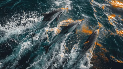 Obraz premium Dolphins jumping in ocean waters. Aquatic Sealife. Ocean. Endangered. Intelligent species. 