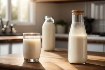 Glass bottles and a glass of milk on a wooden table in the kitchen, rays of sunlight.