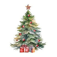 Watercolor Christmas tree with gifts isolated on white background.