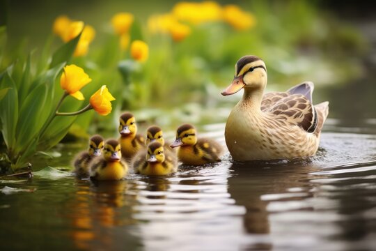 Wildlife moment as  A mother duck leading her ducklings across a pond. Mallard duck family reflects in tranquil pond generated, Ai generated