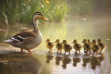 A mother duck leading her ducklings across a pond. duck swimming in the pond in the park, Wildlife moment as a mother duck leads her ducklings into the water, Ai generated - Powered by Adobe
