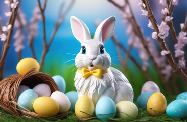 A cute white rabbit sits near a basket with Easter eggs and blooming willow flowers. Celebration of Holy Easter